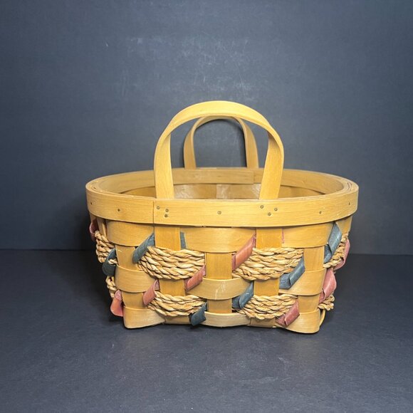 VTG Matching Set of 2 Tan, Red & Blue Roped Twisted Wicker Baskets w/ Handles - Picture 5 of 12